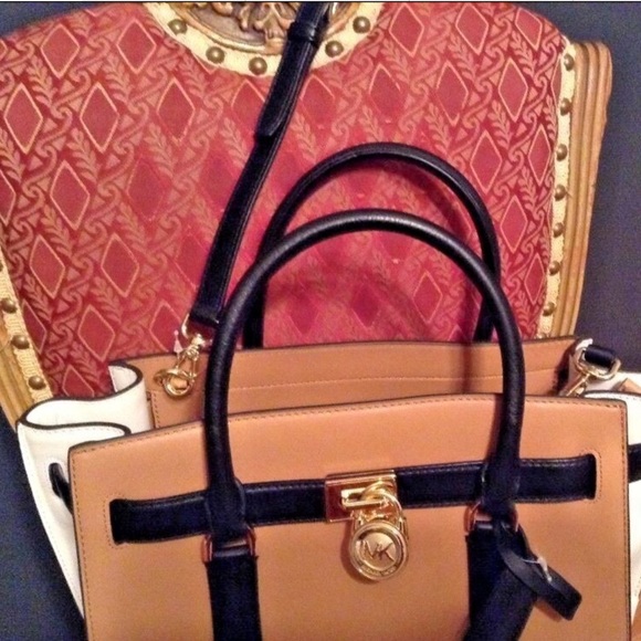 Michael Kors Hamilton Satchel Handbag Shoulder Bag Tri-Color Tan/White/Black - Picture 10 of 12